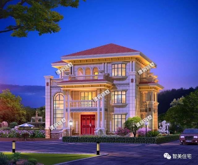 2棟比較豪的三層歐式農村住房戶型方案圖，第二棟還帶地下室