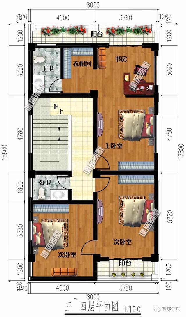 面寬8-9米的農村四層自建樓房戶型方案圖，小宅基地首選