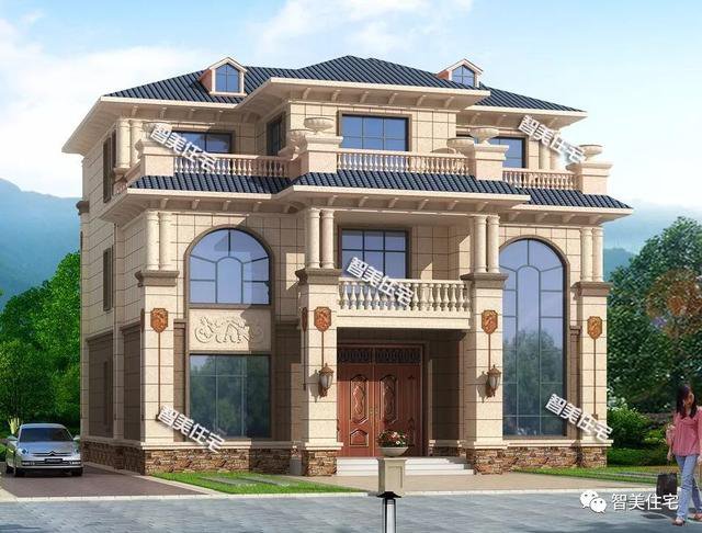 客廳挑空帶堂屋三層歐式自建房圖，湖南、湖北建的多