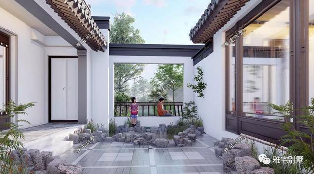 農(nóng)村中式合院別墅戶型方案圖，連廊入戶，院內(nèi)水景