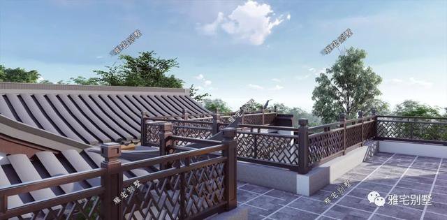 農(nóng)村中式合院別墅戶型方案圖，連廊入戶，院內(nèi)水景