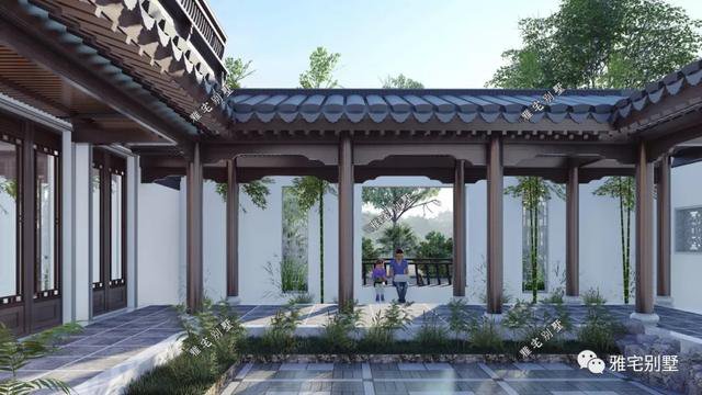 農(nóng)村中式合院別墅戶型方案圖，連廊入戶，院內(nèi)水景