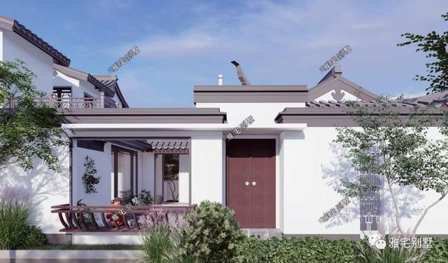 農(nóng)村中式合院別墅戶型方案圖，連廊入戶，院內(nèi)水景