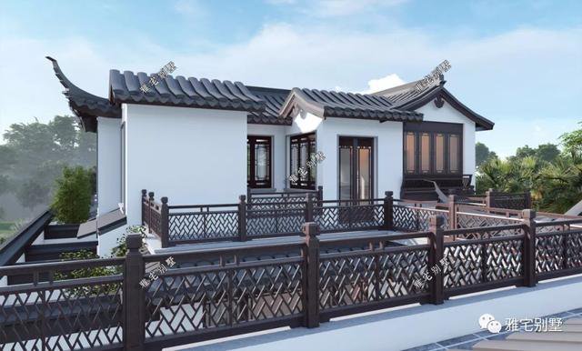 農(nóng)村中式合院別墅戶型方案圖，連廊入戶，院內(nèi)水景