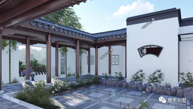 農(nóng)村中式合院別墅戶型方案圖，連廊入戶，院內(nèi)水景