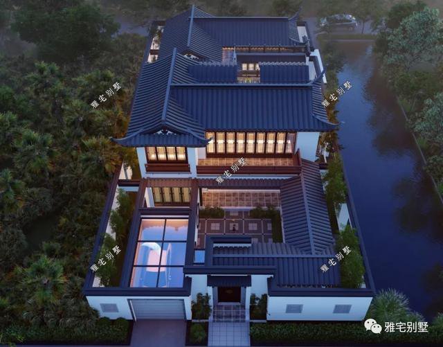 農(nóng)村中式合院別墅戶型方案圖，連廊入戶，院內(nèi)水景