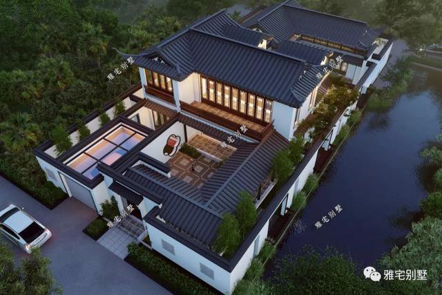 農(nóng)村中式合院別墅戶型方案圖，連廊入戶，院內(nèi)水景