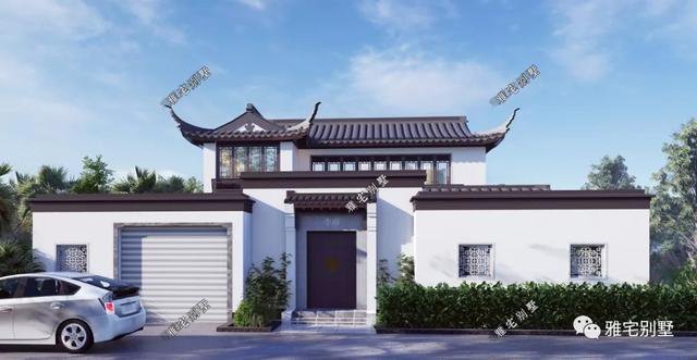 農(nóng)村中式合院別墅戶型方案圖，連廊入戶，院內(nèi)水景