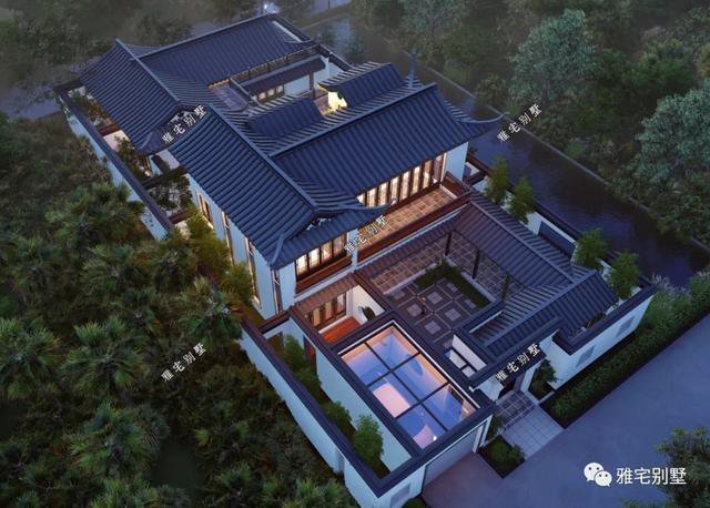 農(nóng)村中式合院別墅戶型方案圖，連廊入戶，院內(nèi)水景