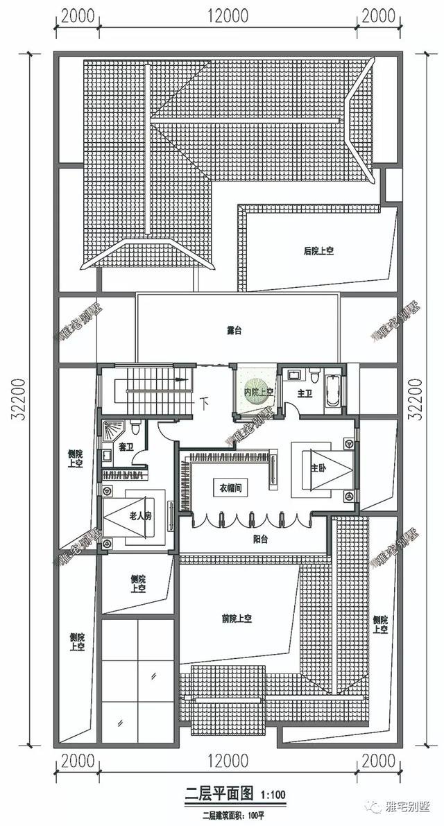 農(nóng)村中式合院別墅戶型方案圖，連廊入戶，院內(nèi)水景
