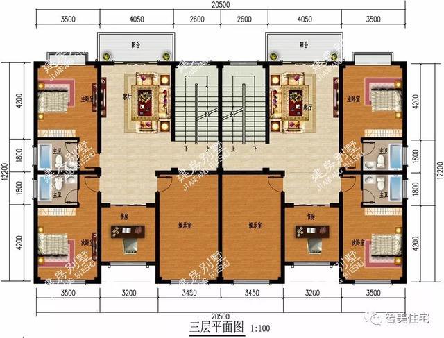 大廳共用的雙拼3層戶型別墅設(shè)計圖，兄弟倆一起住豪宅