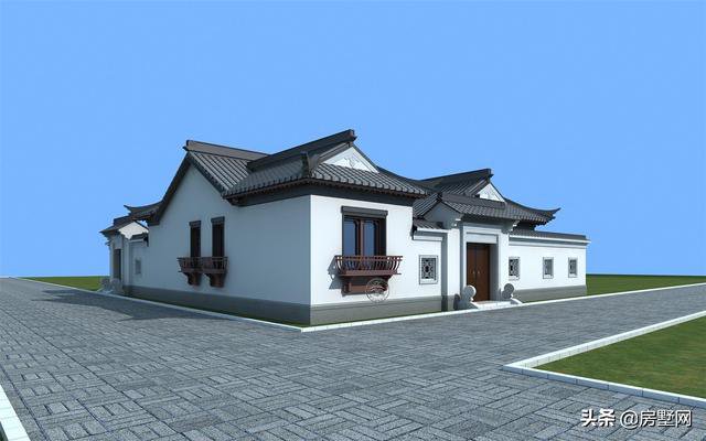 一層精品帶庭院中式別墅戶型圖及外觀圖，前后都有庭院