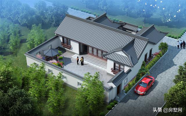 一層精品帶庭院中式別墅戶型圖及外觀圖，前后都有庭院