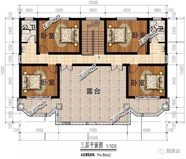 4層歐式雙拼別墅戶型方案圖，一層共同堂房