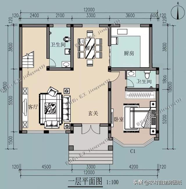 12×10.5m時(shí)尚二層農(nóng)村自建房設(shè)計(jì)圖紙，5室3廳4衛(wèi)