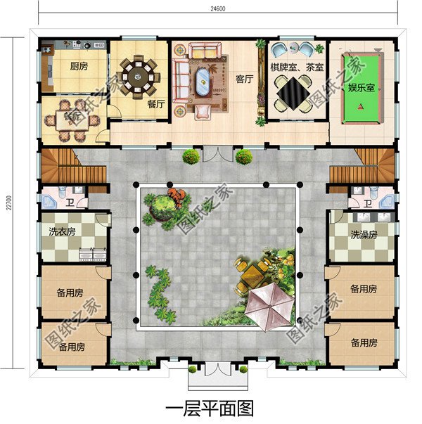 農村兄弟雙拼四合院別墅設計圖紙，自建兩層新中式四合院