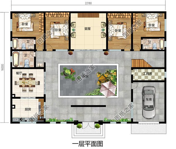 新款的農村自建房子中式二層四合院別墅設計圖，占地300平左右