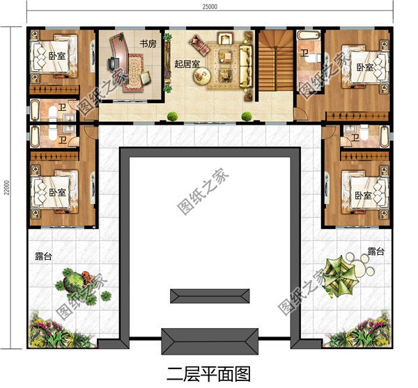 帶雙車庫的新中式二層四合院別墅設計圖,戶型布局實用