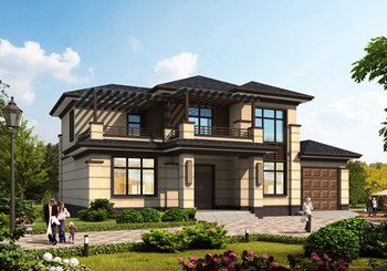 農(nóng)村二層小5間新中式自建房設(shè)計圖，帶柴火房（配房）和車庫