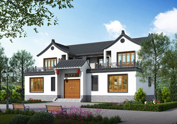 農村復式挑空客廳二層四合院設計圖紙，外觀對稱設計