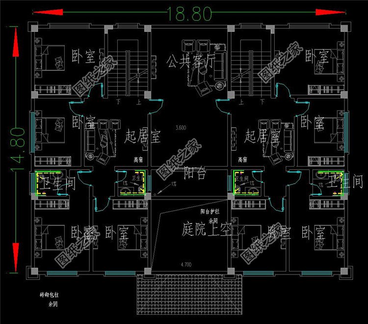 三層雙拼自建房二層設計圖