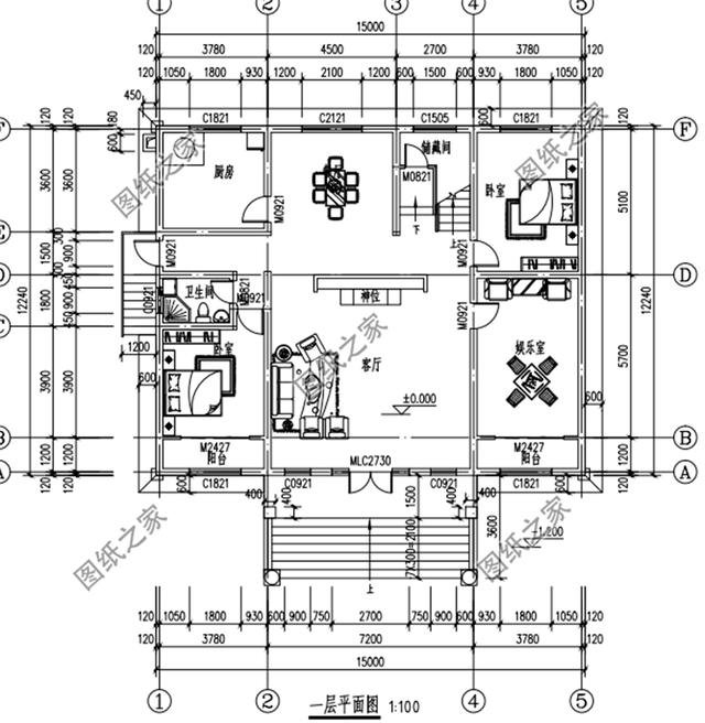 農村自建房設計圖15×12米，簡約大氣，內部結構簡單明了