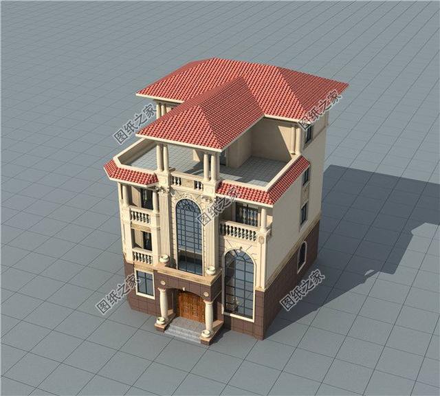 三開間四層農(nóng)村別墅外觀圖，遠離城市喧囂，兒女都不想回城里了