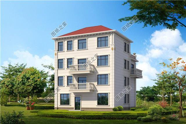 三開間四層農(nóng)村別墅外觀圖，遠離城市喧囂，兒女都不想回城里了