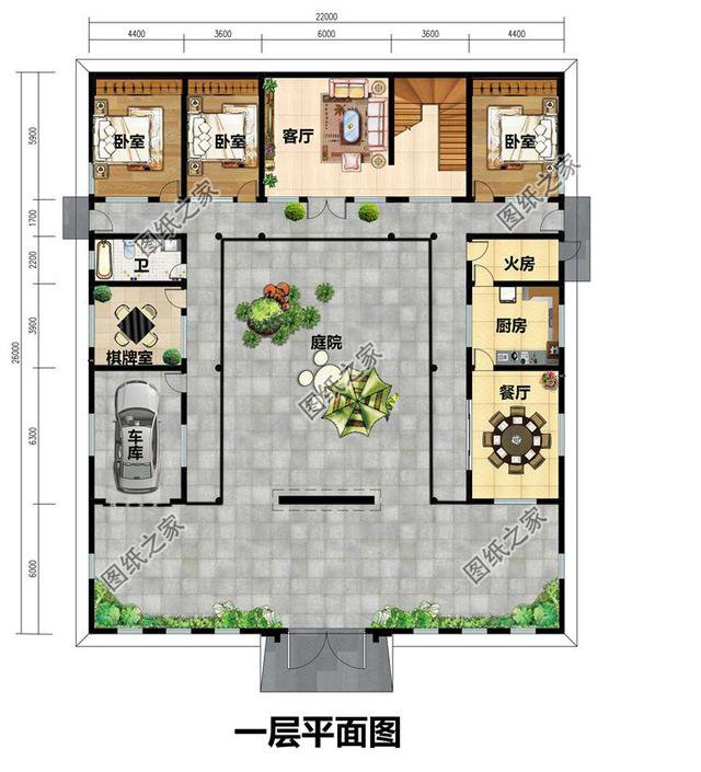 有車庫的四合院建房圖，融入現代生活，農村建房還是中式好看