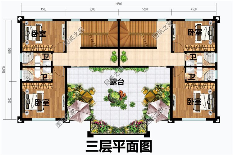 農村三層兄弟雙拼別墅設計圖三層平面圖