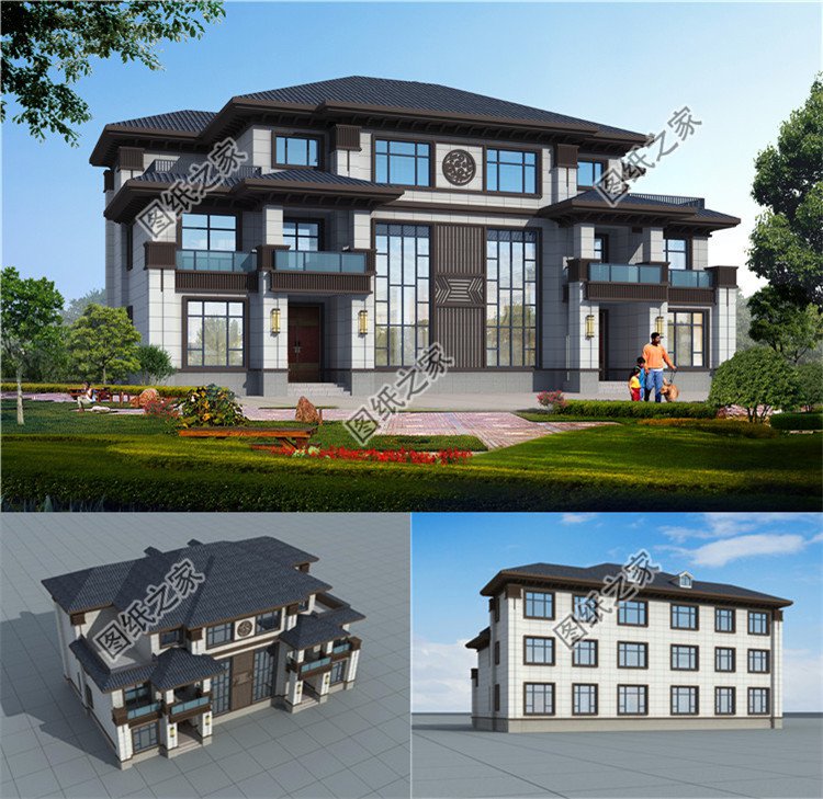 豪華三層雙拼農(nóng)村別墅效果圖