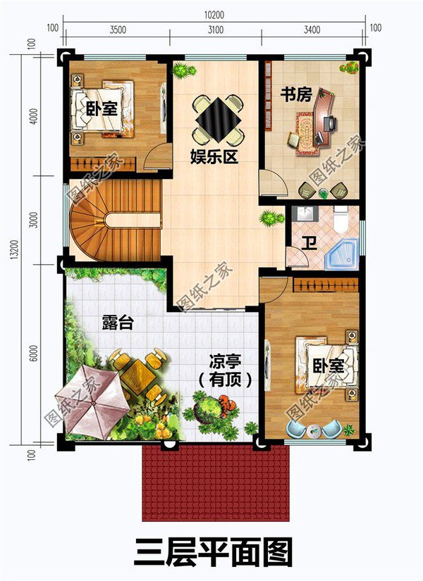 農村三層復式樓房設計圖，挑高客廳，公認的農村好戶型