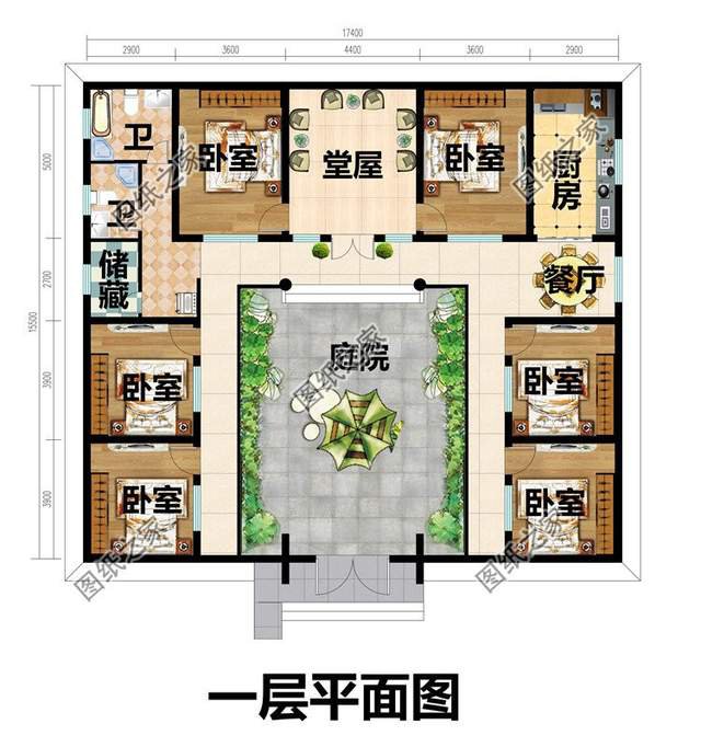 鄉村一層三合院設計圖，在庭院中仰望星空的美好