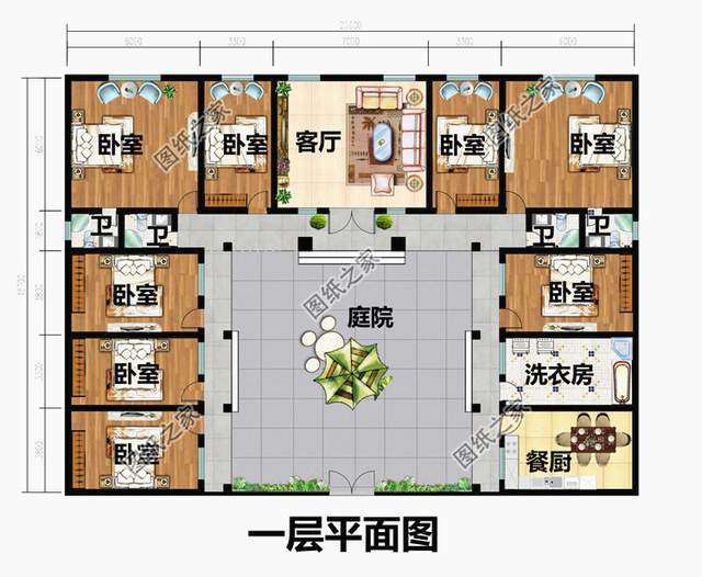 鄉村一層三合院設計圖，在庭院中仰望星空的美好