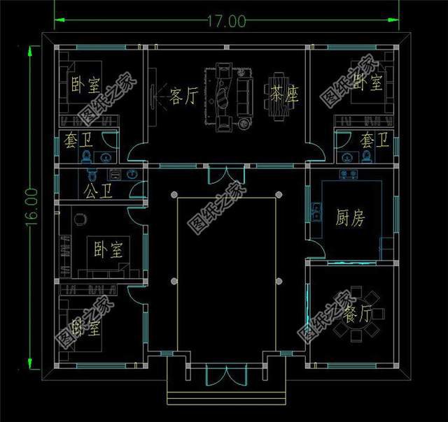 鄉村一層三合院設計圖，在庭院中仰望星空的美好