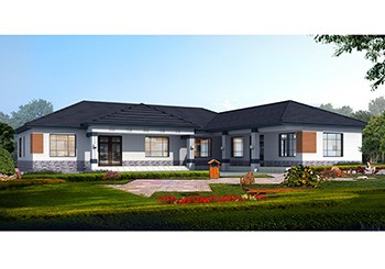 新中式L型一層別墅設計圖，大面積戶型設計