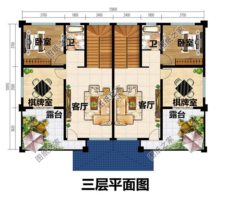 三層兄弟雙拼別墅設(shè)計(jì)圖