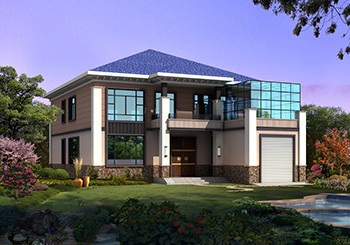 帶車庫的七字形二層自建房子設計圖，開間14米