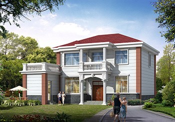 獨立廚房設計的七字形二層鄉村房子設計圖紙