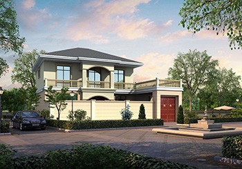 帶小院和車庫的二層自建房設(shè)計圖，整體呈L型