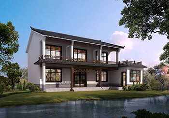 仿古七字形二層住宅設(shè)計圖紙及外觀效果圖