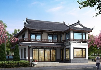 仿古中式七字形二層小別墅設(shè)計圖紙，L型自建房推薦