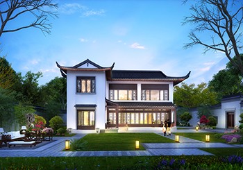 中式L型二層別墅自建房設計圖，外觀非常漂亮