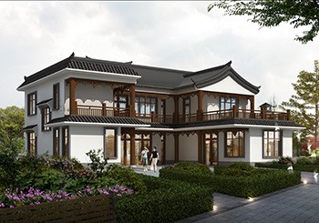 七字形二層合院別墅自建房設計圖，帶地下室