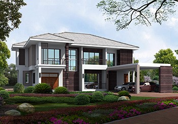 帶車庫的L型二層自建房子設計圖紙及效果圖