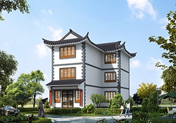 仿古中式七字形三層自建房子別墅設計圖紙，小戶型