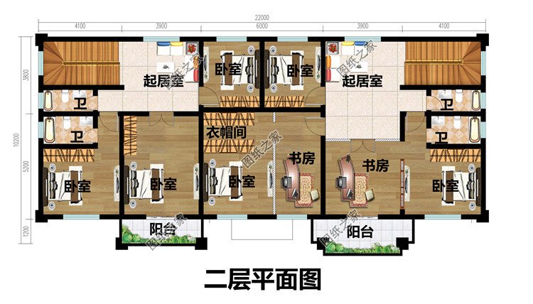 雙拼兩層小別墅二層平面圖