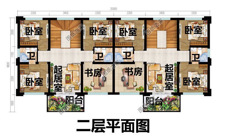 農村三層雙拼別墅二層平面圖