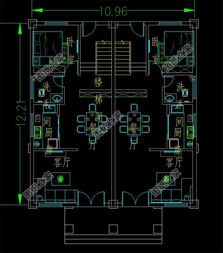 農村三層兩戶雙拼自建別墅一層平面圖
