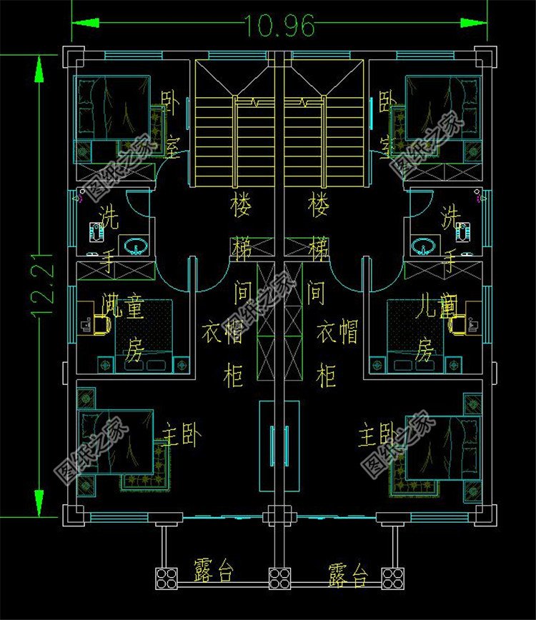 農村三層兩戶雙拼自建別墅二層平面圖